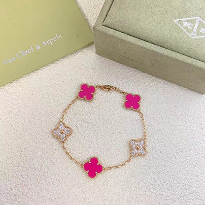 VAB48  New Five Flower Diamond Rose Red Bracelet Jewelry