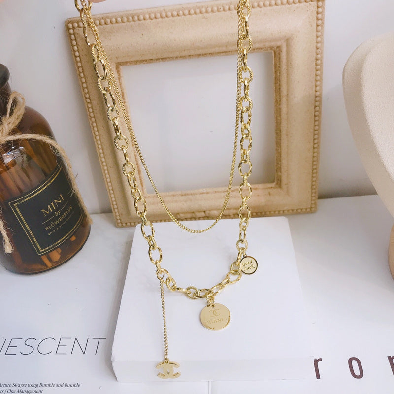 X088  Women's titanium steel double layer necklace jewelry