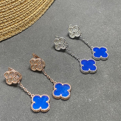 VAE53  Women's new blue chalcedony diamond studded two flower earring jewelry