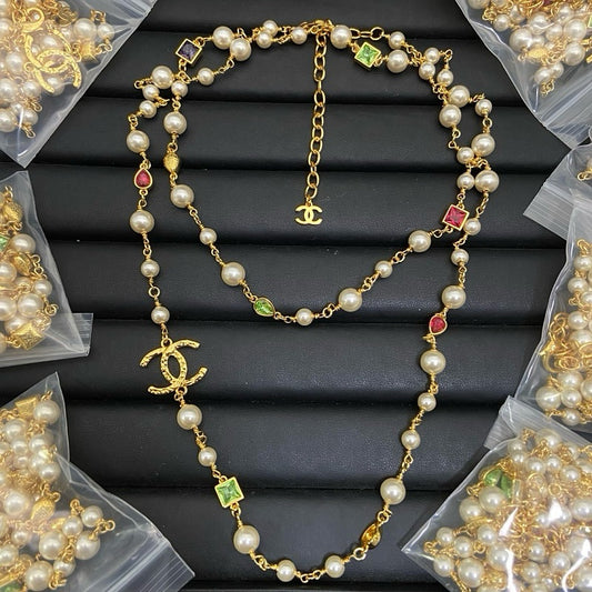 CHN123  Women's Early Spring Color Diamond Double C Pearl Sweater Chain Jewelry
